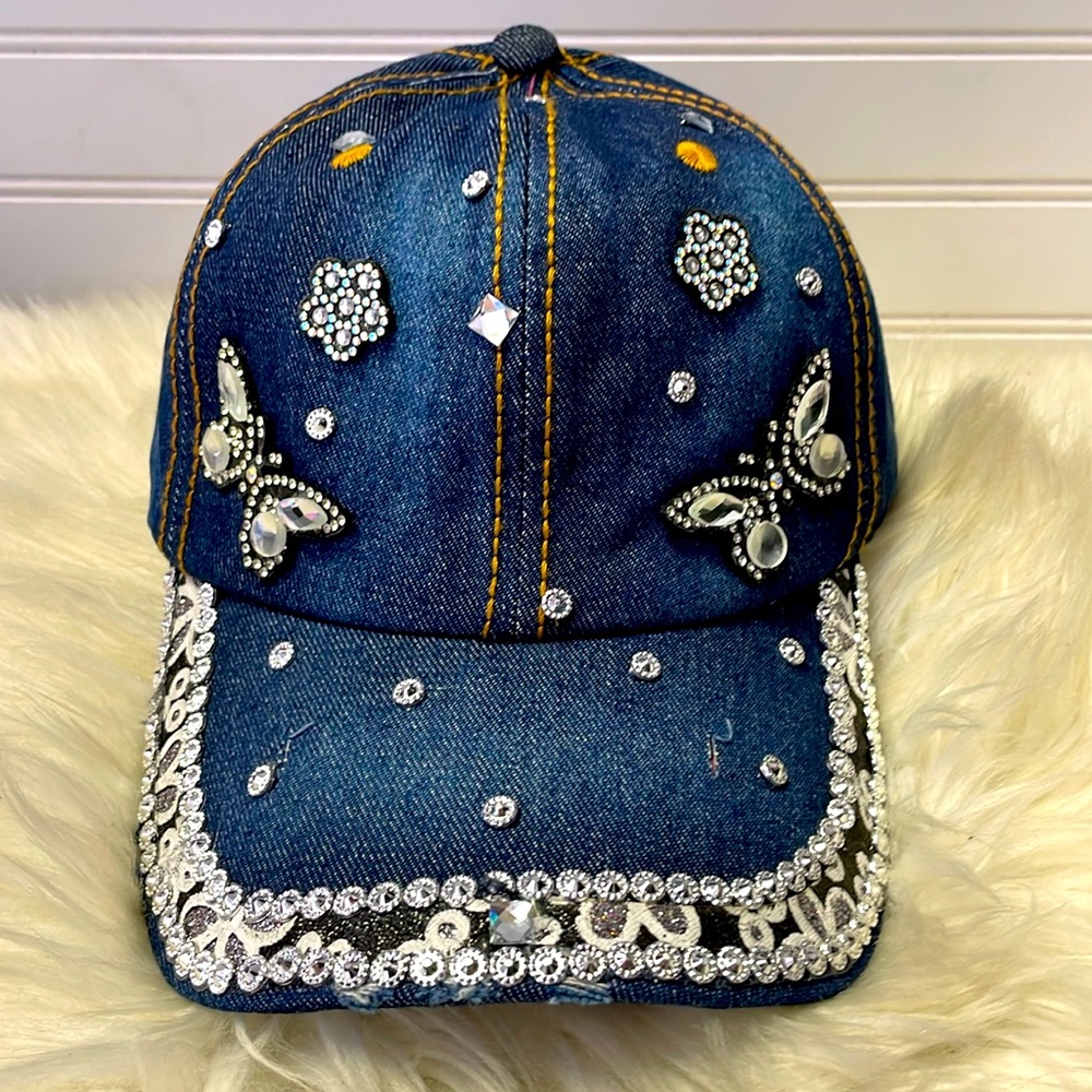 Butterfly 🦋 & Bling 💎 Dark Blue Denim Baseball Cap